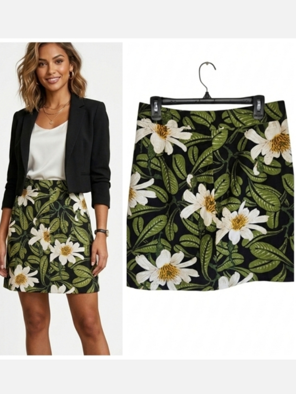 Ann Taylor floral skirt daisies flowers Black White Green Yellow Women's size 6